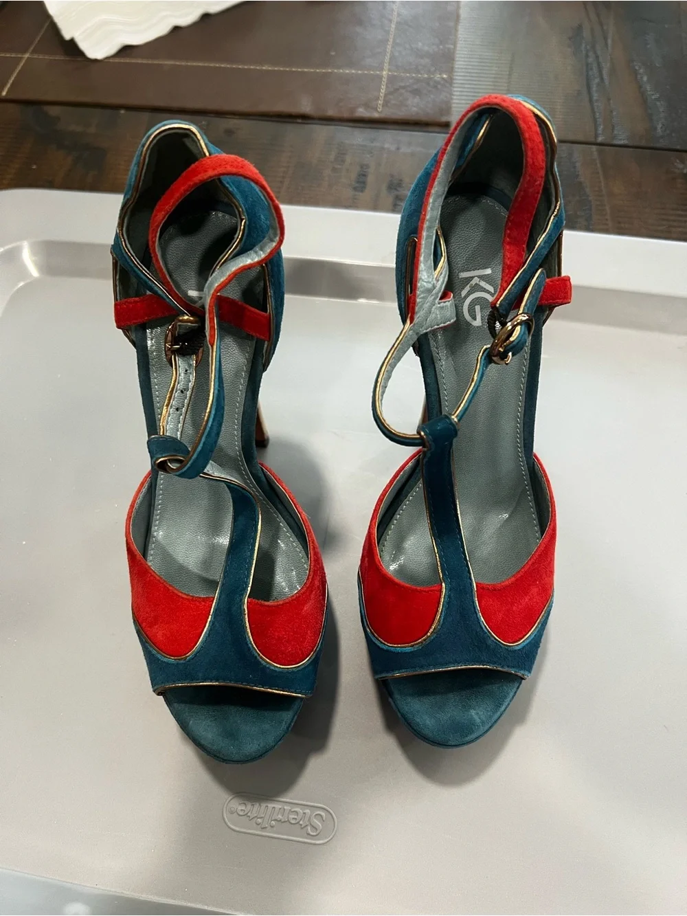 Kurt Geiger Teal and Red Suede T-Strap Heels with Gold Trim - Picture 1 of 3